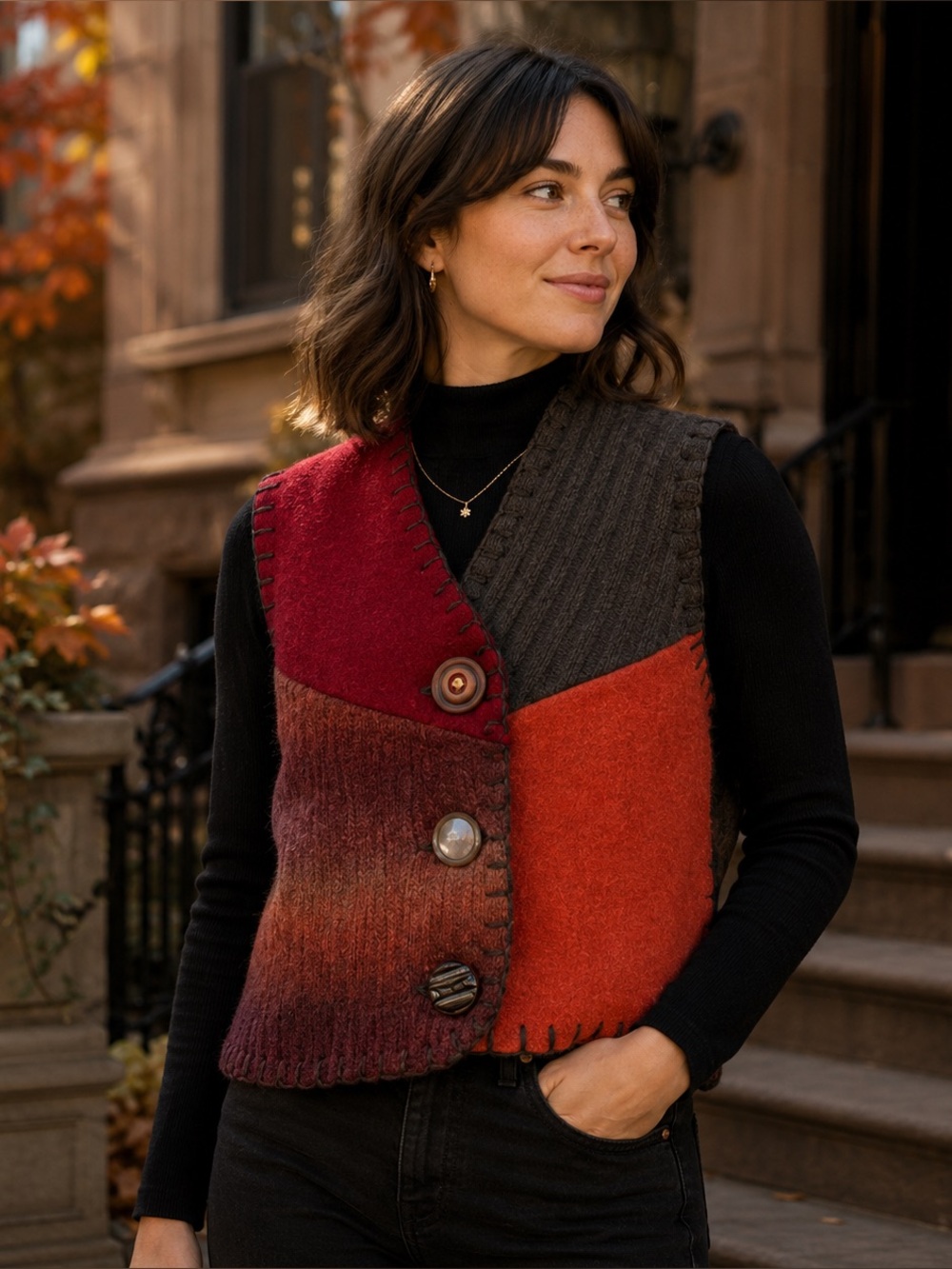 Recycled wool patchwork mixed media woman’s funky vest, M.